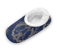 EtherSpher Gold Zodiac Sign Astrology Navy Blue Anti-Slip Rubber Sole Women's Closed Back House Slippers Coral Fleece Spa Hotel