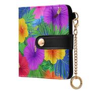 EtherSpher Hawaiian Style Tropical Flowers Palm Leaves Bright Neon Colors Cute Ladies PU Leather Bifold Wallet PU Leather Card Wallet for Women Boys Girls
