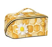 EtherSpher Honeycomb Background with Bees and Daisies Designed Cosmetics Bag with dividers stylish Capacity Travel Cosmetic Bag Vertical Free-Standing