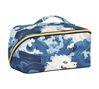 EtherSpher Japanese monsters Blue Waves Designed Cosmetic Bags with dividers Waterproof Cosmetic Bag For Purse Vertical Free-Standing