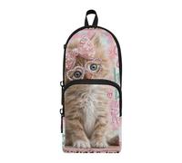 EtherSpher Just A Girl Who Loves Kitten Nylon 3 Compartments Large Zippered Pencil Bag Multi-Purpose and Aesthetic Pencil Case for Teen Girls Stationery pouching for Teens College 1600ml