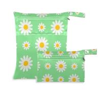 EtherSpher Lovely Daisy Floral Green White zippered bag for cloth 2 Pack wet bag for swimsuit with handles for pool, daycare