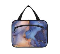 EtherSpher Marble Royal Blue Peach hanging large cosmetic bags for women with hook, designer foldable toiletry organizer for women must trip maletín para maquillaje L, Marble Royal Blue Peach, L
