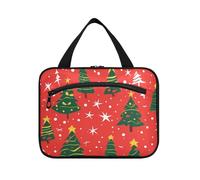 EtherSpher Merry Christmas Trees on A Red Background hanging makeup travel bag with hook, designer essentials snack bag for travelers camping bolsas para maquillaje de mujer L, Merry Christmas trees
