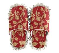 EtherSpher Microfiber Cleaning Slippers Indoor Dirt Dusting Mopping Slippers Golden Retro Vintage Butterfly Red