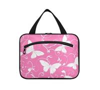 EtherSpher Peach Plants Butterfly White Silhouette hanging travel makeup bag large with hook, designer foldable bags for toiletries for accessories must haves gym bolsas para maquillaje L, peach