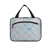 EtherSpher Pink Blue Bow Check hanging men's toiletry travel bag with hook, designer collapsible bag for makeup for essentials for women work kit de para mujer L, Pink blue bow check, L