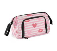 EtherSpher Pink White Stripes Heart Lip Love Pencil Pen Case Large Capacity Pencil Pen Case Cosmetic with Zipper for Adults School Must Haves cartuchera para los lapices