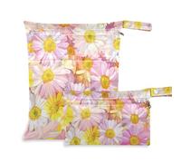 EtherSpher Pink Yellow Romantic Daisy reusable bag for swimming 2 Pack wet bag for swimsuit with handles for baby diapers, bathing