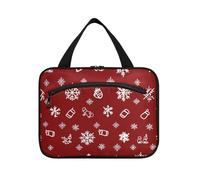 EtherSpher Red and White Merry Christmas hanging makeup bag travel cosmetic with hook, designer accessories quilted makeup bag for cruise travel vacation estuche para brochas maquillaje L, Red and