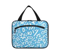 EtherSpher Sign Mixed Pattern Blue hanging kit for travel with hook, designer washable bags with zipper for trip essentials toilet estuche para maquillaje L, Sign mixed pattern blue, L