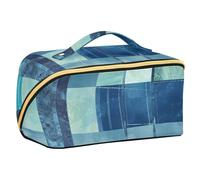 EtherSpher Square Geometric Plaid Stripe Embroidery Robin Blue Designed Cosmetic Bags with dividers Portable Travel Bags For Women with Compartments & Handle