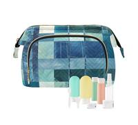 EtherSpher Square Geometric Plaid Stripe Embroidery Robin Blue Makeup Bag Portable Make Up Bags For Women Women Coin Purse for Travel Accessories, Square Geometric Plaid Stripe Embroidery ,robin blue,