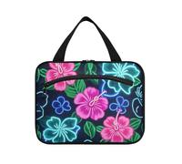 EtherSpher Summer Neon Hibiscus Frangipani Flower hanging men toiletry bag with hook, designer portable tote bag for accessories for women vacation bolsas para maquillaje L, Summer neon Hibiscus