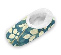 EtherSpher Thyme Leaf Beige Teal Non-Slip Women's Closed Back House Slippers Coral Fleece Comfortable Portable Slippers for
