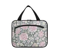 EtherSpher Vintage Chinese Floral Peony Grey Peach hanging bag for traveling with hook, designer essential kit bag for men for women must haves travel estuche para maquillaje L, vintage Chinese floral