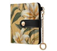 EtherSpher White Lily Flower Light Yellow Stripes Fancy Ladies Lightweight Foldable Wallet Compact PU Leather Wallet for Women Girls