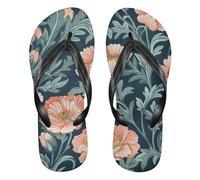 EtherSpher William Morris Flower Peach Dark Blue rubber flips flops lightweight womens sandals for Outdoor Swimming, Hiking, Travel