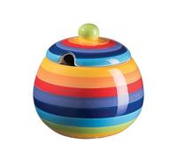 Ethimaart Rainbow Stripe Ceramic Sugar Bowl with Lid, Hand Painted by Artisans, Microwave & Dishwasher Safe, 10 cm x 8 cm, Colorful Gift,