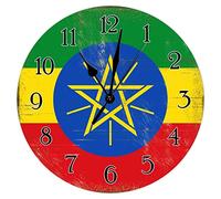 Ethiopia Flag Decorative Wall Clock Shabby Chic Retro 10inch Round Wall Clock Ethiopia Clock Battery Operated Quartz Silent Wooden Wall Clocks for Bathroom Bedroom National Flag Art Wall Clock