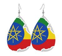 Ethiopia Flag Map Printed Dangle Leather Earrings, Reversible Statement Jewelry with Silver Plated Hooks