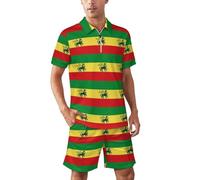 Ethiopian Rastafarian Lion Flag Men's Polo Set Zippered Shirt and Pants Casual Short Sleeve T-Shirt Sports Tees Tops L