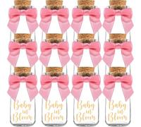 Ethisa 12 Pack Baby in Bloom Milk Glass Bottles with Ribbons and Stickers - Vintage Baby Shower Favors for Guests and Table Centerpieces - Dusty Pink Floral Decorations and Candy Jar Keepsakes