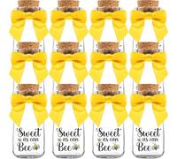 Ethisa 12 Pack Sweet As Can Bee Glass Bottles with Ribbons and Stickers - Vintage Baby Shower and Birthday Favors for Guests and Table Centerpieces Decorations - Sturdy Honey Bee Themed Candy Jar