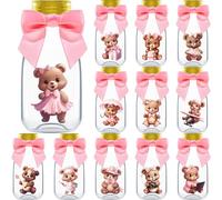 Ethisa 12 Pack We Can Bearly Wait Baby Shower Party Favor Bottles with Ribbons and Stickers - DIY Pink Girl Bear Themed Keepsakes and Table Centerpieces - Birthday Teddy Bear Baby Shower Decorations