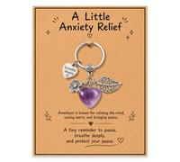 Ethlomoer Amethyst Keyring for Calm, Purple Crystal Heart with Engraved Breathe Deeply Metal Tag, Small Pocket Gift for Women Men