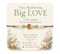 Ethlomoer Double-Sided Mushroom Bracelet with Inspirational Card-Tiny Mushroom Big Love-Rose Quartz, Clear Quartz, Green Aventurine-Crystal Beaded Stretch Bracelet-Motivational Gift for Women