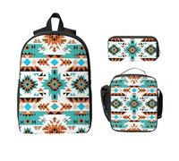 Ethnic Aztec Geometric Backpack Set for Girls Boys with Lunch Bag Pencil Case Indian 3 Pieces School Bags Insulated Lunchbox Gifts for Women Men