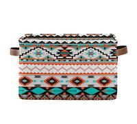 Ethnic Aztec Print Storage Basket Native American Storage Bin Collapsible Retro Tribal Navajo Large Storage Baskets with Leather Handles Storage Cube Box Organizer for Closet Toys Clothes Basket,1PC