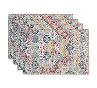 Ethnic Boho Placemats Set of 4 Bohemian Carpet Vintage Rust Coral Floral Carpet Linen Washable Kitchen Dining Table Mats Stain Heat-Resistant Desktop Decor Place Mats for Home Party Indoor 12x18 in