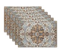 Ethnic Boho Placemats Set of 6 Bohemian Carpet Vintage Black Teal Grey Floral Linen Washable Kitchen Dining Table Mats Stain Heat-Resistant Desktop Decor Place Mats for Home Party Indoor 12x18 in