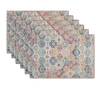 Ethnic Boho Placemats Set of 6 Bohemian Carpet Vintage Rust Coral Floral Carpet Linen Washable Kitchen Dining Table Mats Stain Heat-Resistant Desktop Decor Place Mats for Home Party Indoor 12x18 in