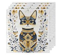 Ethnic Cat Floral Pattern Cloth Napkins Set of 4, Dinner Napkins Cloth 50 x 50 cm, Soft & Comfortable Reusable Napkin for Party Wedding Napkins