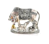 Ethnic Choice Handcrafted Brass Golden Kamdhenu Cow with Calf, Vastu Gau MATA Idol, Spiritual Vastu Nandi Pooja Figurine Sculpture, Kamdhenu Cow & Calf Idol for Home and Office