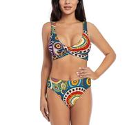 Ethnic Circles Floral Bikini Set for Women Split Swimsuit Swimming Costume Shorts and Tops Water Sports Summer Black