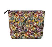 Ethnic Circles Floral Pattern Portable Makeup Case Fake Hemp, Women's Travel Organizer Large Capacity Zippered Pouch