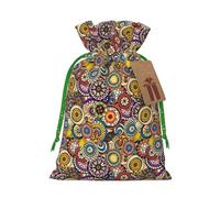 Ethnic Circles Floral Pattern Print Christmas Bag Drawstring Sack For Presents Xmas Seasonal Decor Gift Party Supplies