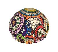 Ethnic Circles Floral Pattern Print Shower Cap For Women Reusable Double Layer Stylish Soft Bath Cap With Lining Elastic Band