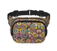 Ethnic Circles Floral Pattern Print Square Double Layer functionality Waist Bag Unisex Crossbody Pack Travel Workout, Black, One Size