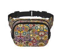 Ethnic Circles Floral Pattern Print Square Waist Purse Double Layer Fanny BagTrendy Travel Waist Bag for Men and Women, Black, One Size