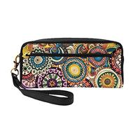 Ethnic Circles Floral Pattern Travel Makeup Bag with Handle Strap - Soft and Versatile Pu Leather Portable Cosmetic Organizer Bag for Ladies Girls Gifts