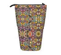 Ethnic Circles Floral Pattern Vertical Retractable Pencil Case Stationery Box Adult Office Organizer Box