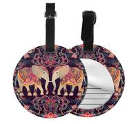 Ethnic Elephant Round Luggage Tag 4PCS Mandala Vintage PU Leather Travel Bag Tag ID Labels Name Card Holder wtih Buckle for Luggage Suitcase Backpacks