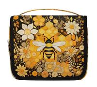 Ethnic Flower Bee Honeycomb Travel Toiletry Bag with Hanging Hook, Waterproof Hanging Makeup Organizer Portable Cosmetic Bag for Women & Men Travel Essentials Accessories