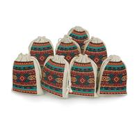 Ethnic Geometric Pattern Bunches Pocket Cotton And Hemp with Drawstring 8 Pieces Reusable Gift Bags Jewelry Pouch for Wedding DIY Craft Party (4.9 X 6.7 Inch)