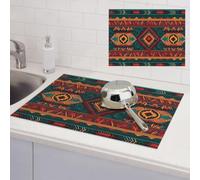 Ethnic Geometric Pattern Dish Drying Mat for Kitchen Counter Super Absorbent Microfiber Drainer Mats Large Size Dish Drying Pad Quick Drying Dish Rack Pad 18"x 24"